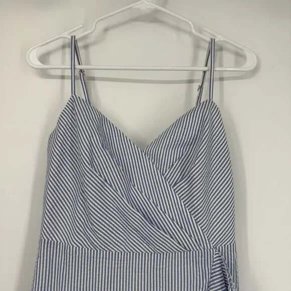 J Crew Seersucker Dress Coastal Nautical Preppy Blue White Faux Wrap Women Sz 4 - Picture 2 of 14